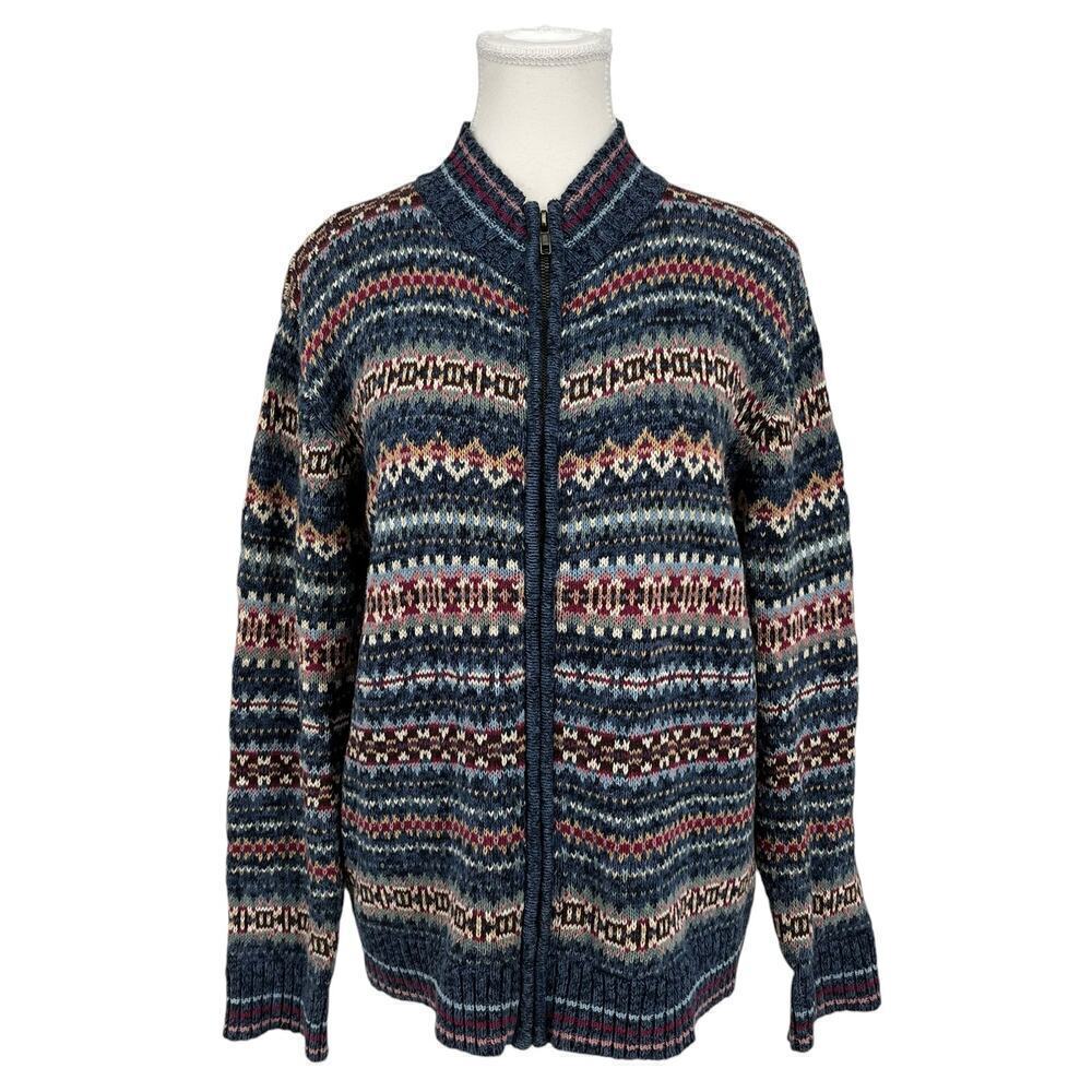 Vintage Y2K Tiara Fair Isle Full Zip Sweater High‎ Neck Blue Pink Medium